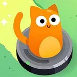 En søt, oransje tegneseriekatt sitter på en robotstøvsuger på en grønn bakgrunn
