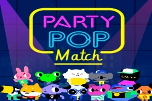 Fargerike, animerte dyrefigurer på rekke med teksten Party Pop Match i neonstil