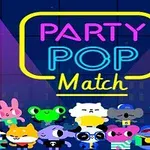 Fargerike, animerte dyrefigurer på rekke med teksten Party Pop Match i neonstil