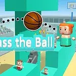 To figurer i blokkstil står på plattformer med en basketball mellom seg, omgitt av en stadion med tilskuere, og teksten Pass the Ball vises i midten