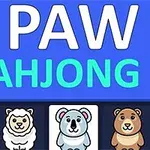 Tittelen Paw Mahjong i hvit og lyseblå tekst over fire tegneseriefigurer av en tiger, sau, koalabjørn og brunbjørn