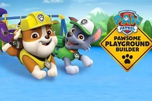 To an animerte hunder iført arbeidsklær, svever foran en fargerik lekeplass med et skilt som sier Pawsome Playground Builder