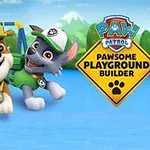 To an animerte hunder iført arbeidsklær, svever foran en fargerik lekeplass med et skilt som sier Pawsome Playground Builder