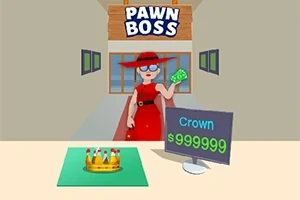 En person i rød kjole holder penger foran en butikk med et skilt som sier Pawn Boss, og en krone er til salgs for $999999 på et skilt