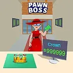 En person i rød kjole holder penger foran en butikk med et skilt som sier Pawn Boss, og en krone er til salgs for $999999 på et skilt