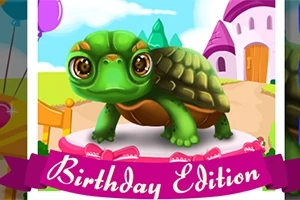 En tegneserie-skilpadde står på en scene, med et rosa banner nederst hvor det står Birthday Edition, omgitt av ballonger og fantasibygninger i bakgrunnen