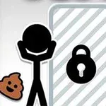 En enkel figur holder hodet i fortvilelse ved siden av en låst dør, en bæsj-emoji og en silhuett av et toalett