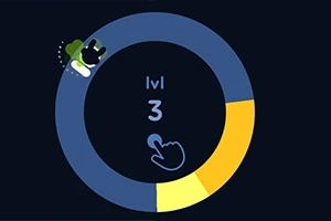 En blå og gul sirkel med teksten lvl 3 i midten og en tegning av en hånd som peker oppover, samt en animert figur øverst til venstre