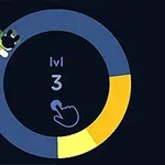 En blå og gul sirkel med teksten lvl 3 i midten og en tegning av en hånd som peker oppover, samt en animert figur øverst til venstre