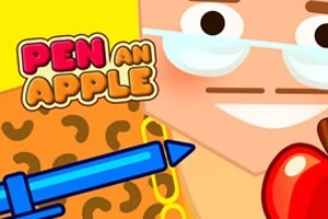 Tegnet figur med briller og bart holder en rød eple og en blå penn, med teksten Pen an Apple til venstre