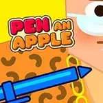 Tegnet figur med briller og bart holder en rød eple og en blå penn, med teksten Pen an Apple til venstre
