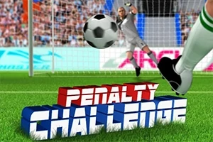 Fotballspiller sparker en ball mot en målvakt, med teksten Penalty Challenge i forgrunnen