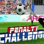 Fotballspiller sparker en ball mot en målvakt, med teksten Penalty Challenge i forgrunnen