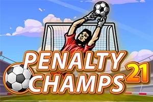 En fotballkeeper i rødt stopper en ball foran et mål, med teksten Penalty Champs 21 over