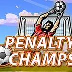 En fotballkeeper i rødt stopper en ball foran et mål, med teksten Penalty Champs 21 over