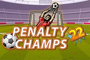 En tegnet fotballkeeper strekker seg etter en ball foran et mål på en fotballbane, med teksten Penalty Champs 22 over bildet