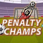 En tegnet fotballkeeper strekker seg etter en ball foran et mål på en fotballbane, med teksten Penalty Champs 22 over bildet
