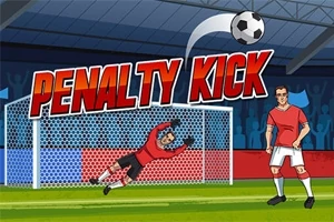 En tegneserieillustrasjon av en fotballspiller i rødt som tar straffespark mot en målvakt i rødt, med teksten Penalty Kick over