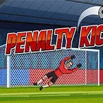 En tegneserieillustrasjon av en fotballspiller i rødt som tar straffespark mot en målvakt i rødt, med teksten Penalty Kick over