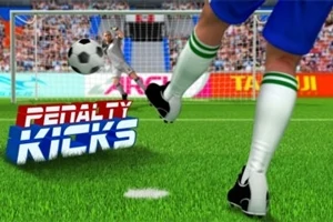 En fotballspiller i blå shorts og hvite sokker sparker en fotball på en grønn fotballbane foran et mål, med teksten Penalty Kicks i forgrunnen