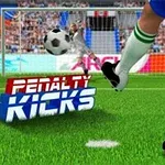 En fotballspiller i blå shorts og hvite sokker sparker en fotball på en grønn fotballbane foran et mål, med teksten Penalty Kicks i forgrunnen