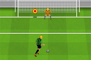 En fotballspiller i svarte og grønne striper løper mot en ball foran et mål med en målvakt i gult