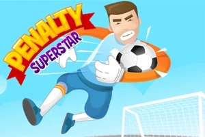 En animert fotballspiller i keeperantrekk redder en ball foran et mål med teksten Penalty Superstar i bakgrunnen