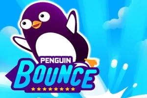 En illustrasjon av en glad pingvin som hopper i luften med en fargerik bakgrunn og teksten Penguin Bounce foran