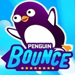 En illustrasjon av en glad pingvin som hopper i luften med en fargerik bakgrunn og teksten Penguin Bounce foran