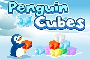 En illustrasjon av en pingvin som holder en rød isbit, med en stabel av fargede isbiter i bakgrunnen og teksten Penguin Cubes