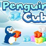 En illustrasjon av en pingvin som holder en rød isbit, med en stabel av fargede isbiter i bakgrunnen og teksten Penguin Cubes