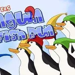 Flere pingviner med fargerike luer står på rekke under teksten Penguin Fish Run