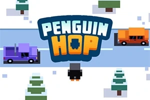 En illustrasjon av en pingvin på en snødekt vei med biler, trær og teksten PENGUIN HOP i midten