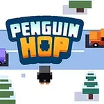 En illustrasjon av en pingvin på en snødekt vei med biler, trær og teksten PENGUIN HOP i midten