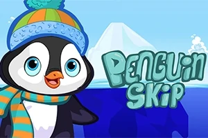 En tegneseriepingvin iført en stripete lue og skjerf står foran et isfjell med teksten Penguin Skip ved siden av