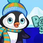 En tegneseriepingvin iført en stripete lue og skjerf står foran et isfjell med teksten Penguin Skip ved siden av