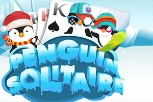 Tre pingviner med vinterutstyr foran spillkort, med teksten Penguin Solitaire i isete bokstaver