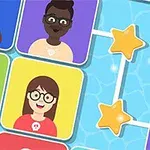 Illustrasjon av flere fargerike ruter med animerte ansikter og stjerner som kobler dem sammen på en blå bakgrunn