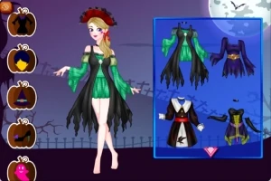 En illustrasjon av en figur i grønn og svart kjole med en rød hatt, omgitt av forskjellige klesalternativer mot en Halloween-tema bakgrunn