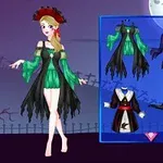 En illustrasjon av en figur i grønn og svart kjole med en rød hatt, omgitt av forskjellige klesalternativer mot en Halloween-tema bakgrunn