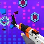 En futuristisk rifle retter seg mot geometriske former mot en bakgrunn med lilla og rosa firkanter
