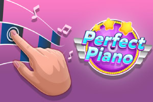 Logo med teksten Perfect Piano omgitt av stjerner, med et rødt hjerte og en pekende hånd på en rosa bakgrunn