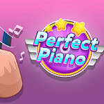 Logo med teksten Perfect Piano omgitt av stjerner, med et rødt hjerte og en pekende hånd på en rosa bakgrunn