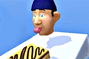 En animert figur med blå lue som stikker ut tungen mot et kakestykke på et bord
