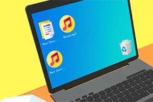 En bærbar datamaskin med skrivebordsikoner for musikkfiler og et dokument mot en fargerik bakgrunn