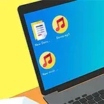 En bærbar datamaskin med skrivebordsikoner for musikkfiler og et dokument mot en fargerik bakgrunn