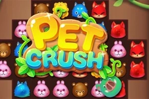 Fargerike tegneserie-dyr i rekker med teksten Pet Crush i midten