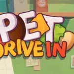 Teksten Pet Drive In er illustrert med matvarer som tomat, brød, ost og salat på en fargerik bakgrunn