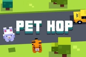 Tosidige figurer av en kanin og en tiger står på hver sin side av en vei med teksten PET HOP i midten, omgitt av trær og en gul bil