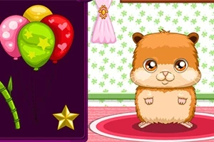 En søt hamster står på en rød teppe i et rom med grønt mønstrete tapet, ved siden av er det ballonger og en gul stjerne